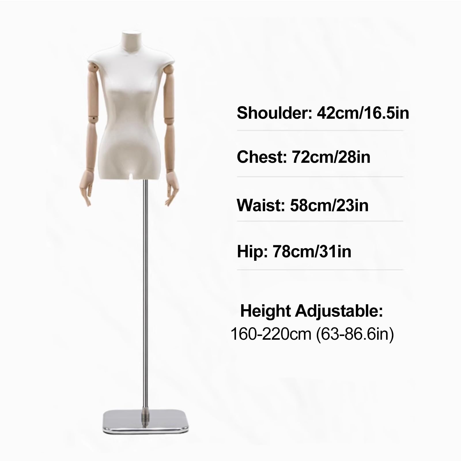 Manichino Sartoriale Donna, Mannequin Altezza Regolabile, Manichino Mezzo Busto Donna, Manichino da Cucito con Braccio Girevole e Base in Metallo(Silver)