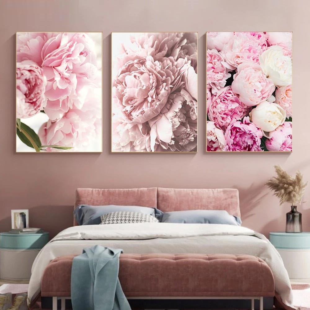 Wbyzac Multicolored Botanical Posters-Pink Rose Canvas Painting Flowers Petals Print Pictures Simple Wall Art Poster Nordic Wall Posters Living Bedroom Kitchen Room Decor-60 * 70Cm*3Pcs (No Frame)