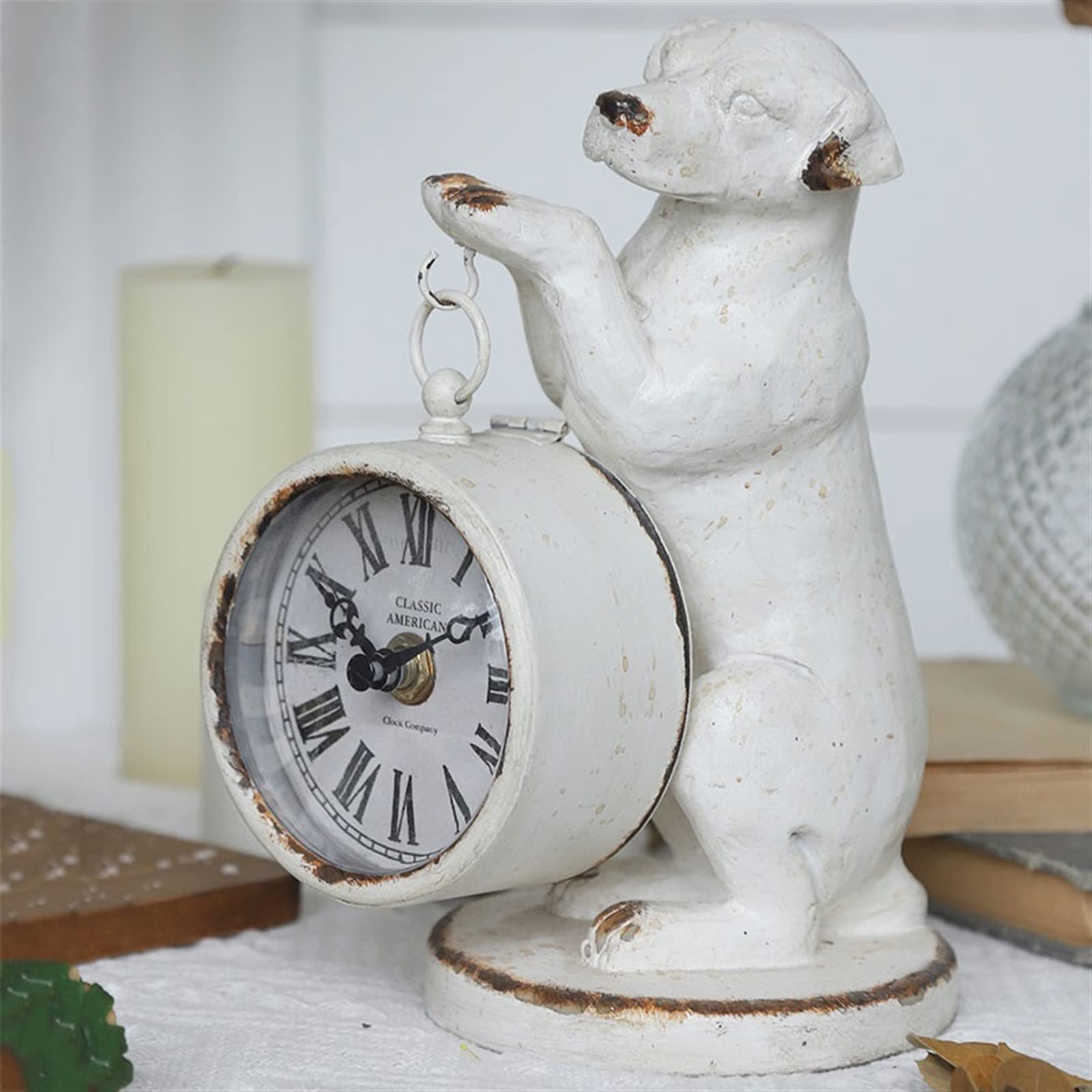Décorative Horloge de Bureau créative Chevet Ornements Antiques Belle Chien Sculpture Horloge à Quartz Style campagnard pour Bureau Chambre Table