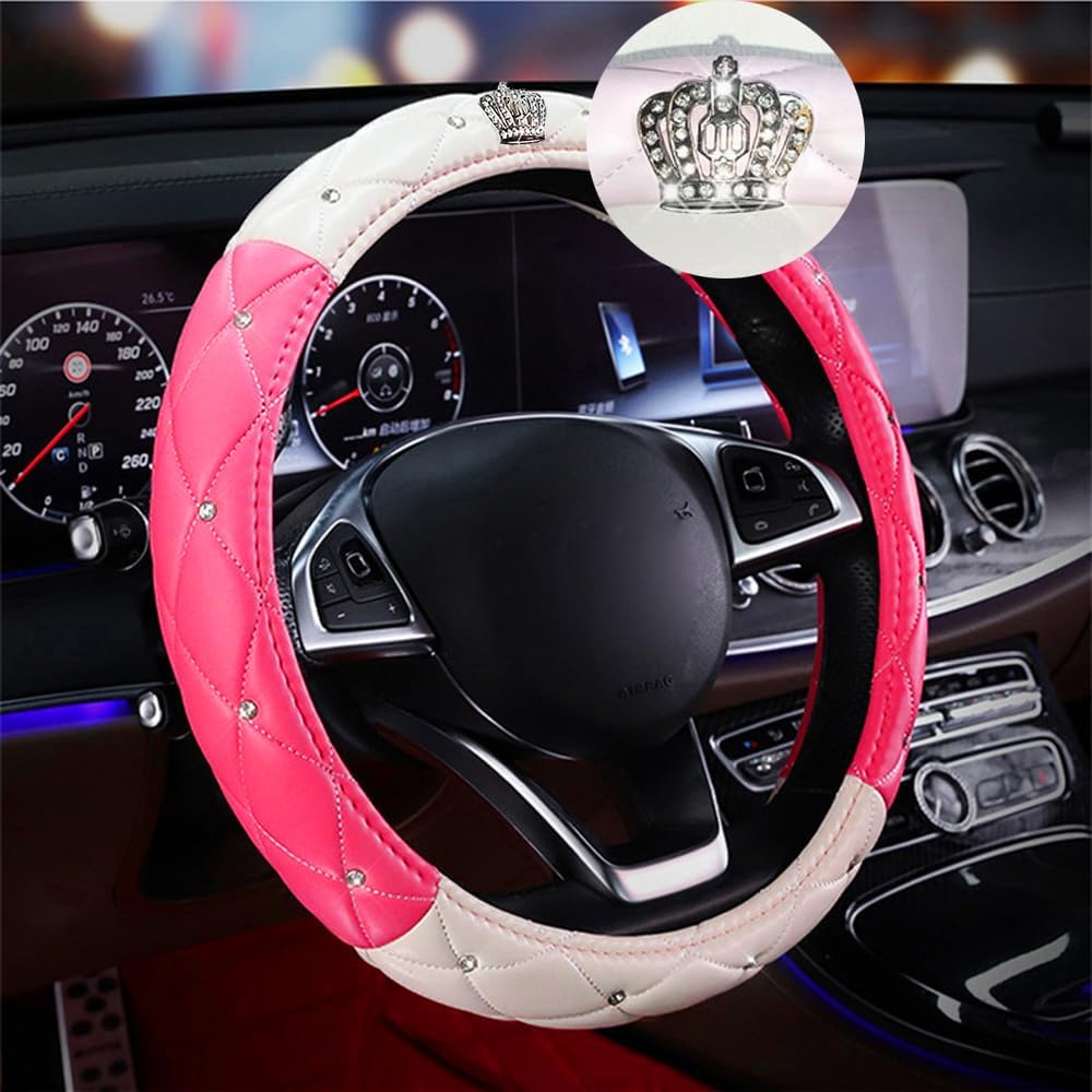 Warm Cute Color Diamond Crown Plush Soft and PU Leather Steering Wheel Cover General Steering Wheel Cover (Rose red)