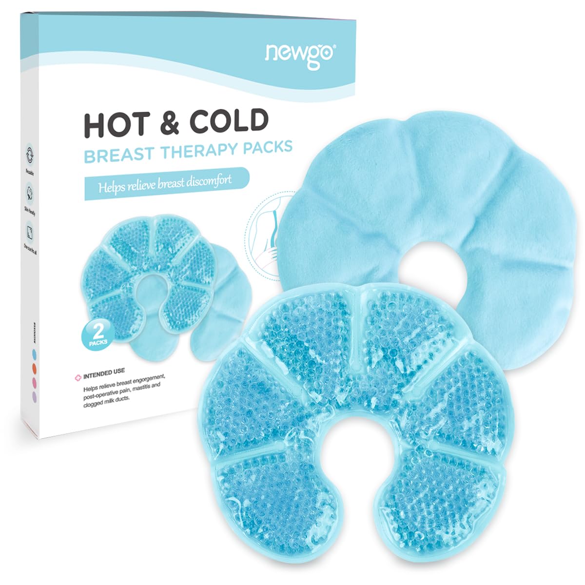 NEWGO 3-in-1 Groß Kühlpads Brust Stillen, 2 Stück Still Kompressen Kühlpads & Wärmekissen für die Brust, Brusttherapie, Weicher Stoff Zurück Fleece(Blau)20cm X 17cm