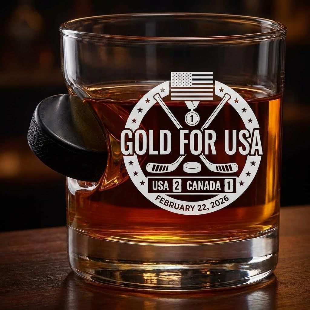 Proud Patriots Gold for USA Hockey Whiskey Glass with Real Mini Hockey Puck – Laser Etched – Handcrafted in USA – Made in Wisconsin – Gift Box Included