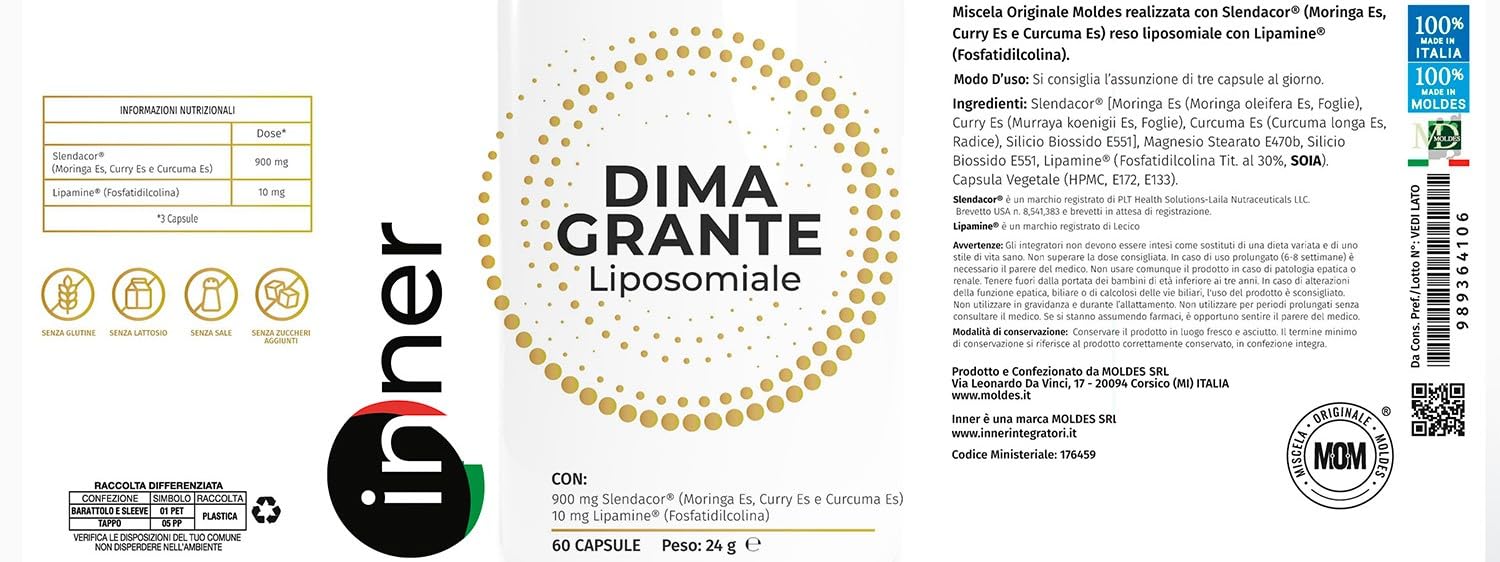Inner Dimagrante Liposomiale – 60 capsule – Integratore con Moringa Curcuma e Curry (Slendacor®) ad Elevata Biodisponibilità – Supporto Peso e Metabolismo