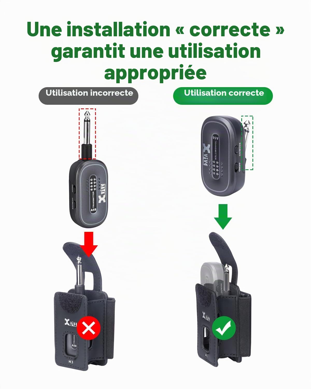 Xvive Support émetteur de sangle de guitare H3 pour systèmes sans fil A58 et P58, avec adaptateur TS mâle vers TS femelle de 0,6 cm