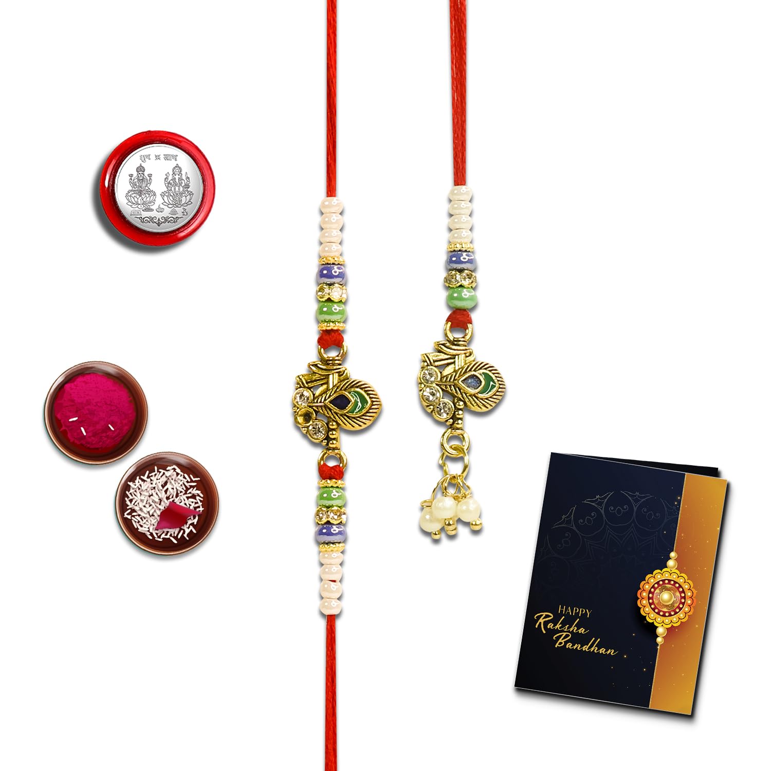 oblivion Rakhi Set for Bhai and Bhabhi –Peach Bead for Bhai 1 Pc and Lumba for Bhabhi 1 Pc – Silver Color Pooja Coin and Greeting Card Combo-picture-15