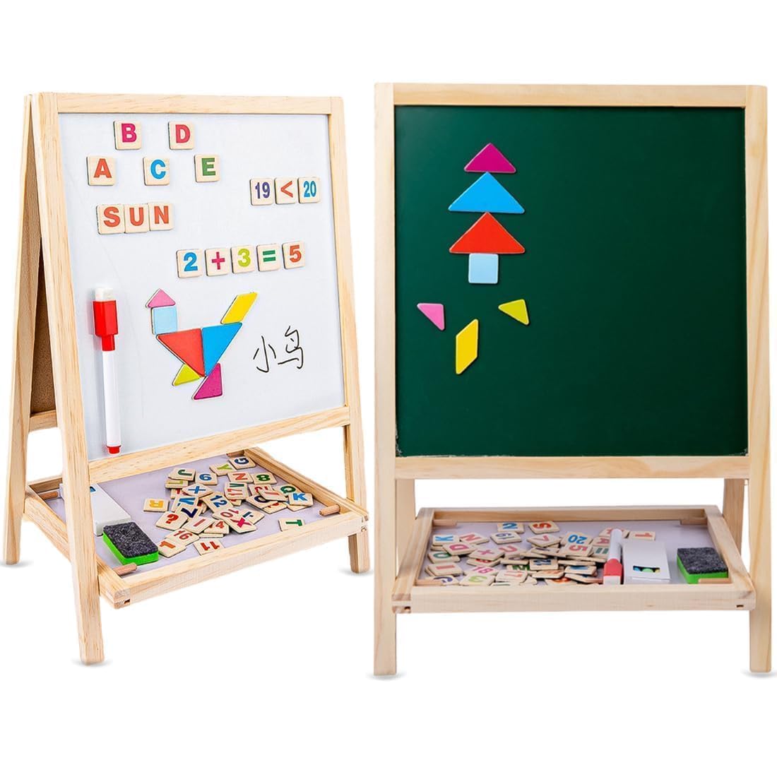 2 in 1 Double Sided Wooden Easel Stand Whiteboard and Chalkboard Foldable Writing Board with Tray for Classroom Office and Home Use-image-29