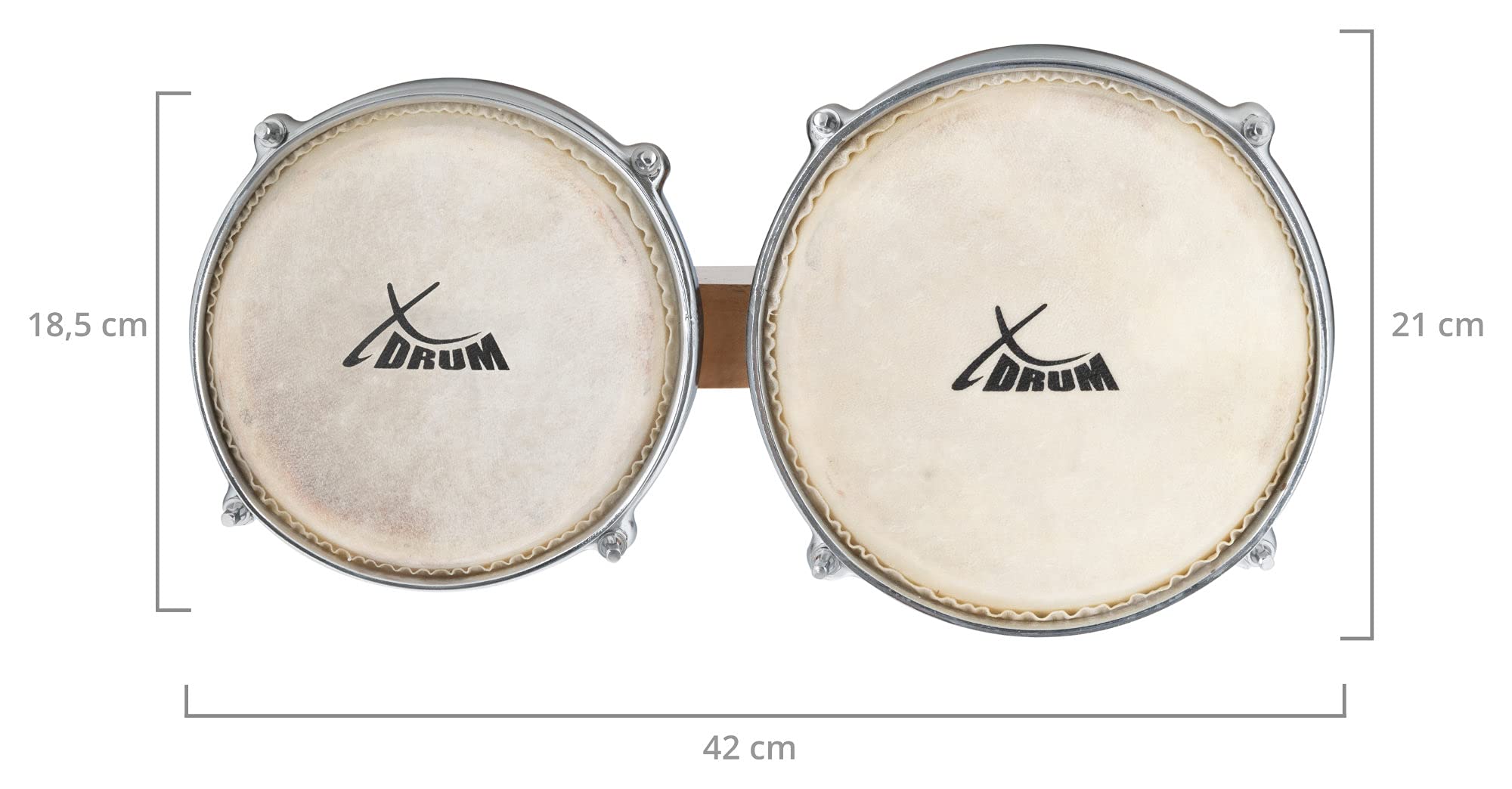 XDrum Bongós Retro: 2 tambores de 16,5 cm y 19 cm con parches naturales afinables, llave de afinación y bolsa. Tambores de madera natural con franjas rojas.