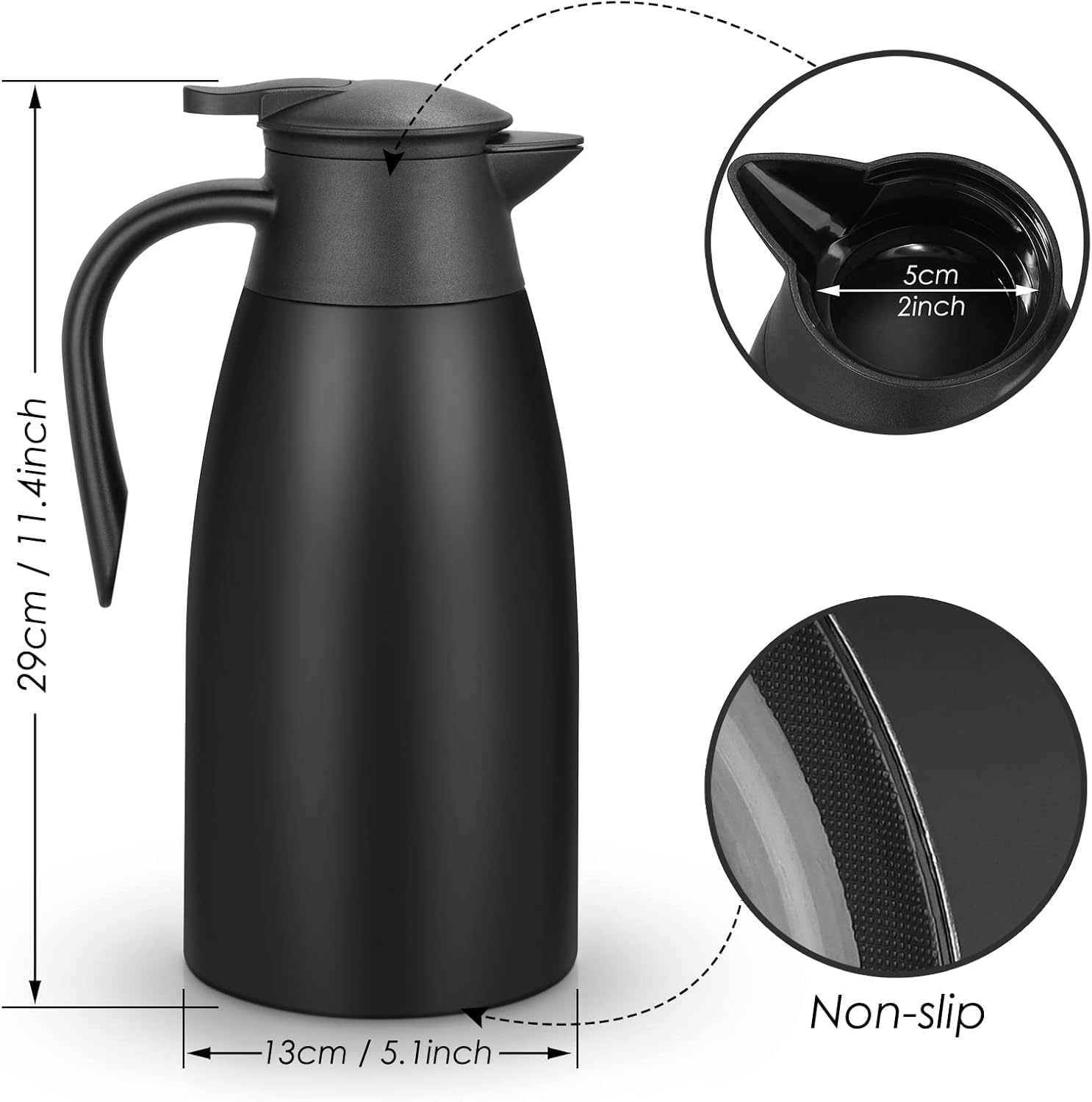 2 Liter Edelstahl Isolierkanne, Doppelwandige Vakuum Tee- und Kaffeekanne, Hitze- und Kälteisolierung, Perfekt für Zuhause, Büro oder Outdoor (Schwarz)