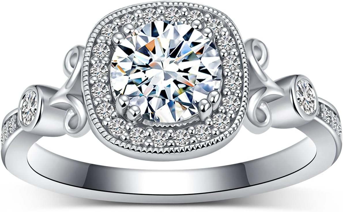 Round Cut Moissanite Wedding Set Rings for Women, 925 Sterling Silver 1 CT Round Shaped Moissanite Engagement Bridal Set Ring Milgrain Halo Jewelry Gifts for Anniversary Christmas