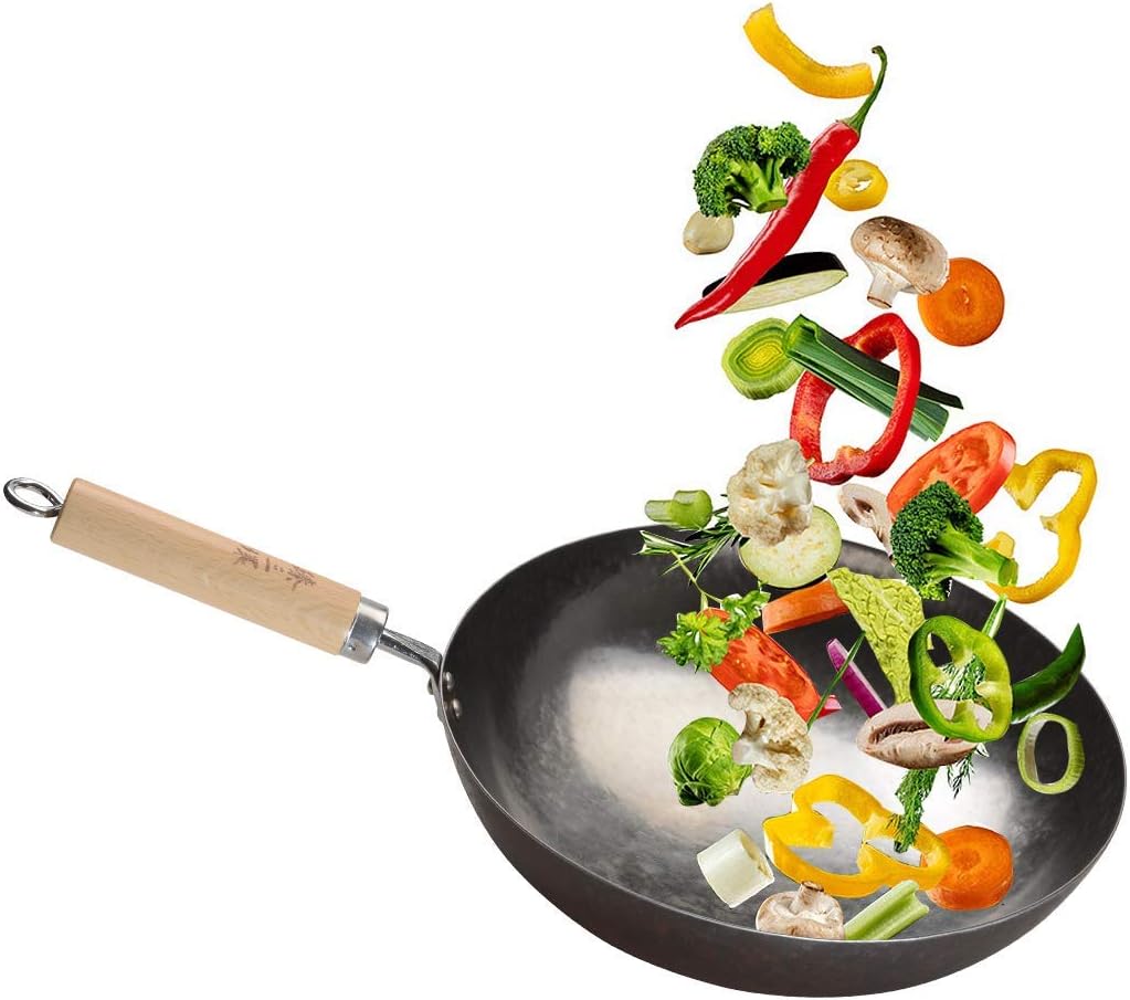 臻三环 ZhenSanHuan Chinese Hand Hammered Iron Pow Woks and Stir Fry Pans Wooden Handle (Silver-34cm)