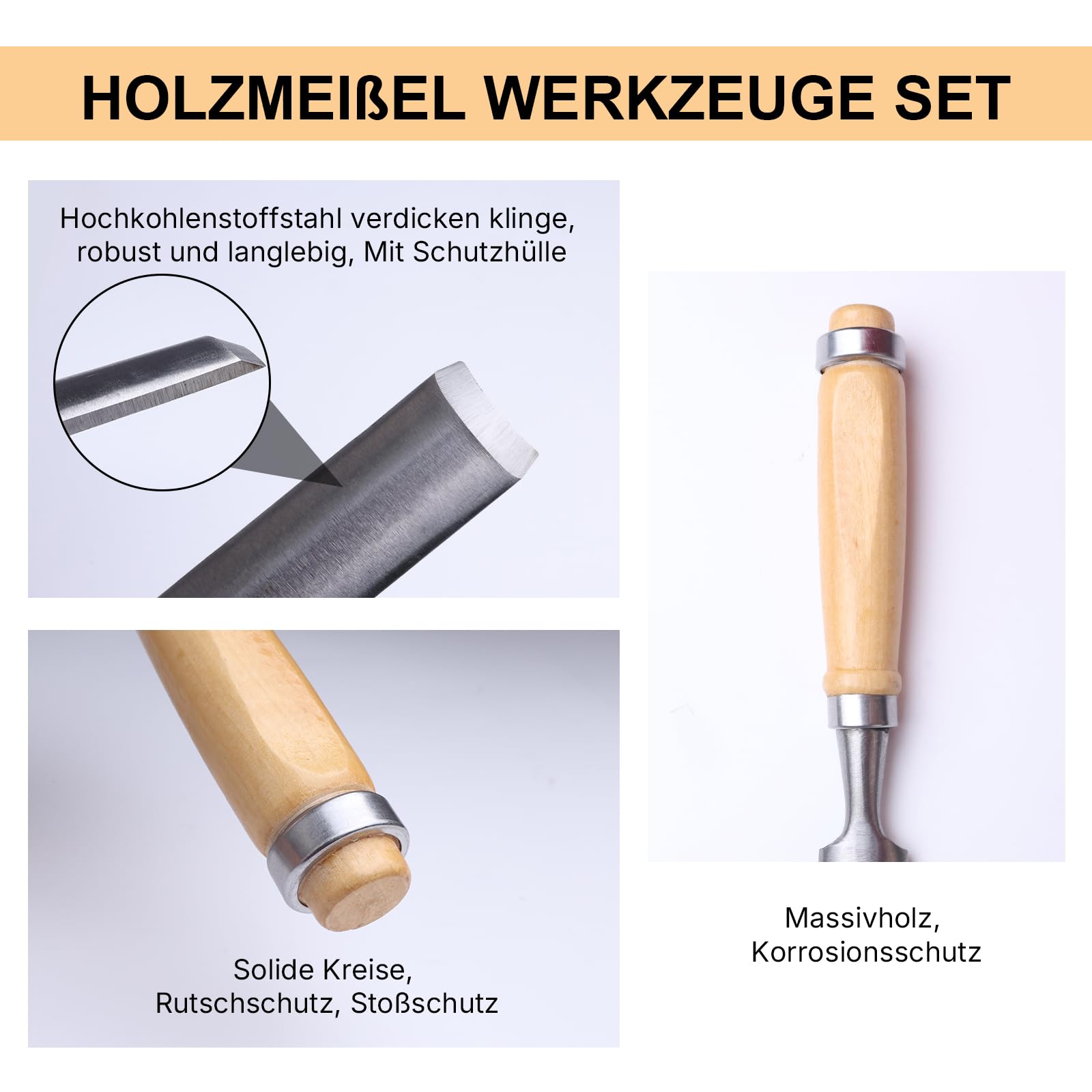 4 Stück Stechbeitel Set für Holz, CR-V Stahl Halbkreisförmige Kante Hohlbeitel Set 6mm/12mm/18mm/25mm für Anfänger und Profis, DIY Holzmeißel Bildhauerei Tool für Tischler, Carver