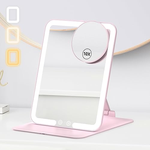 Espejo de maquillaje de viaje recargable con espejo de aumento de 10X, espejo de tocador LED con soporte ajustable portátil, luces regulables de 3