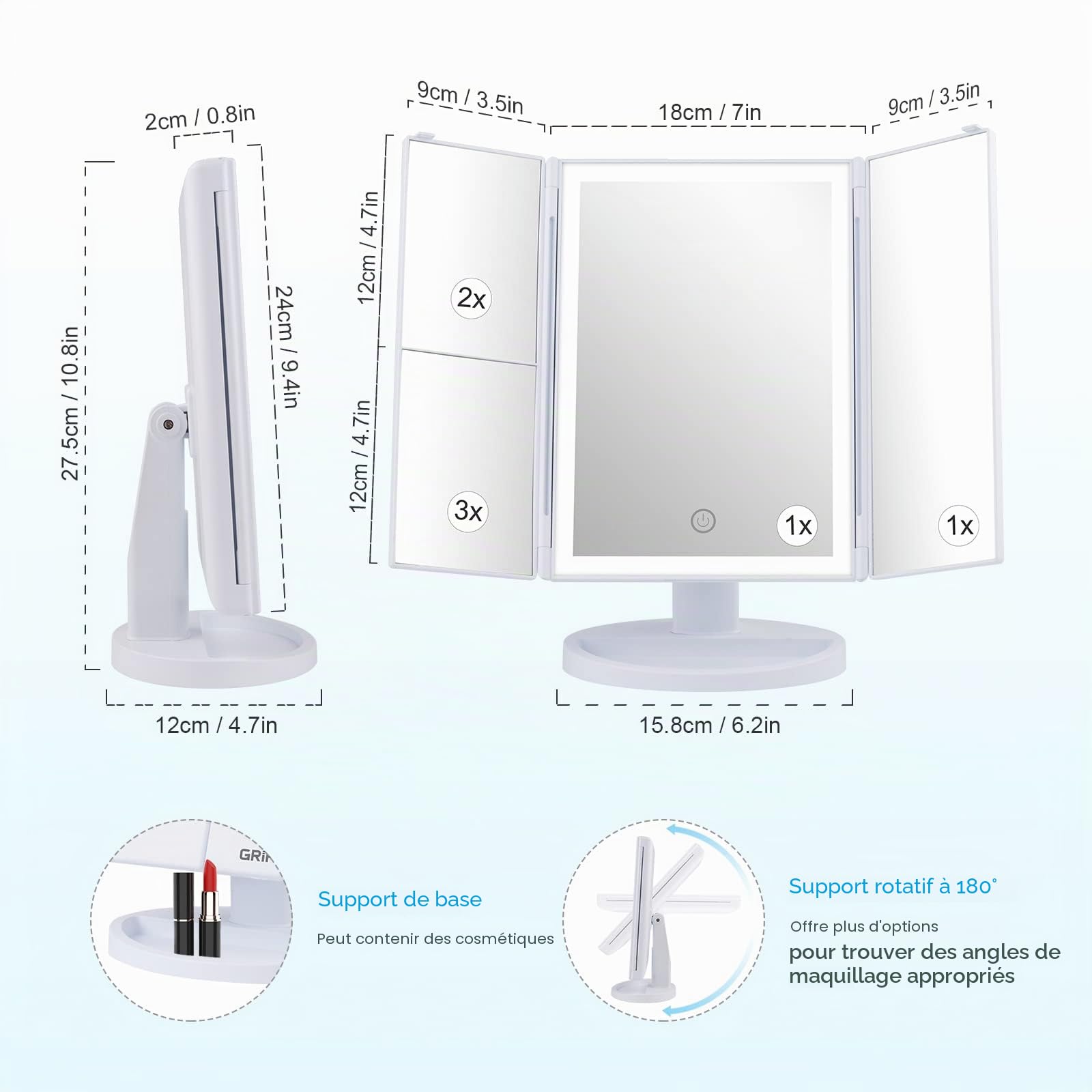 GRIFEMA GF1001W - Miroir lumineux 2X/3X pliable, rotation 180°, maquillage batterie/USB, interrupteur tactile, luminosité réglable, blanc