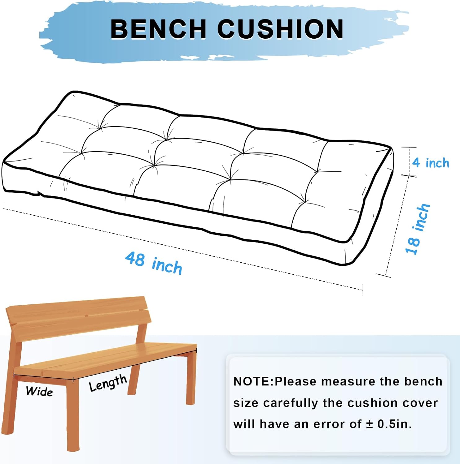 Bench Cushion 48 Inch - Outdoor Fabric, High-Density Foam, Non-Slip Bottom, Waterproof Durable Indoor Tufted Long Seat Cushion for Window Garden Furniture (Gray, 48x18x4 Inch)