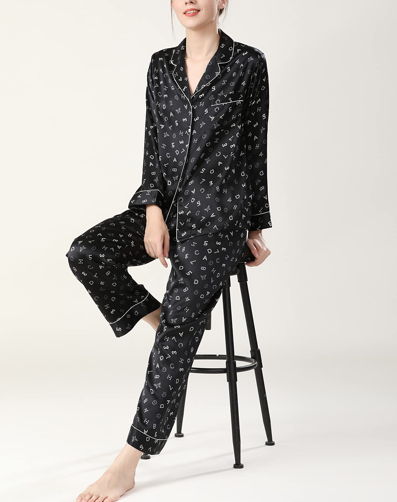 DISSA Sencillo 100% Seda Pijama Conjunto de Pijama Top y Pantalones Capri Pijama de Manga Larga 19 Momme Seda T8267, Negro , 46