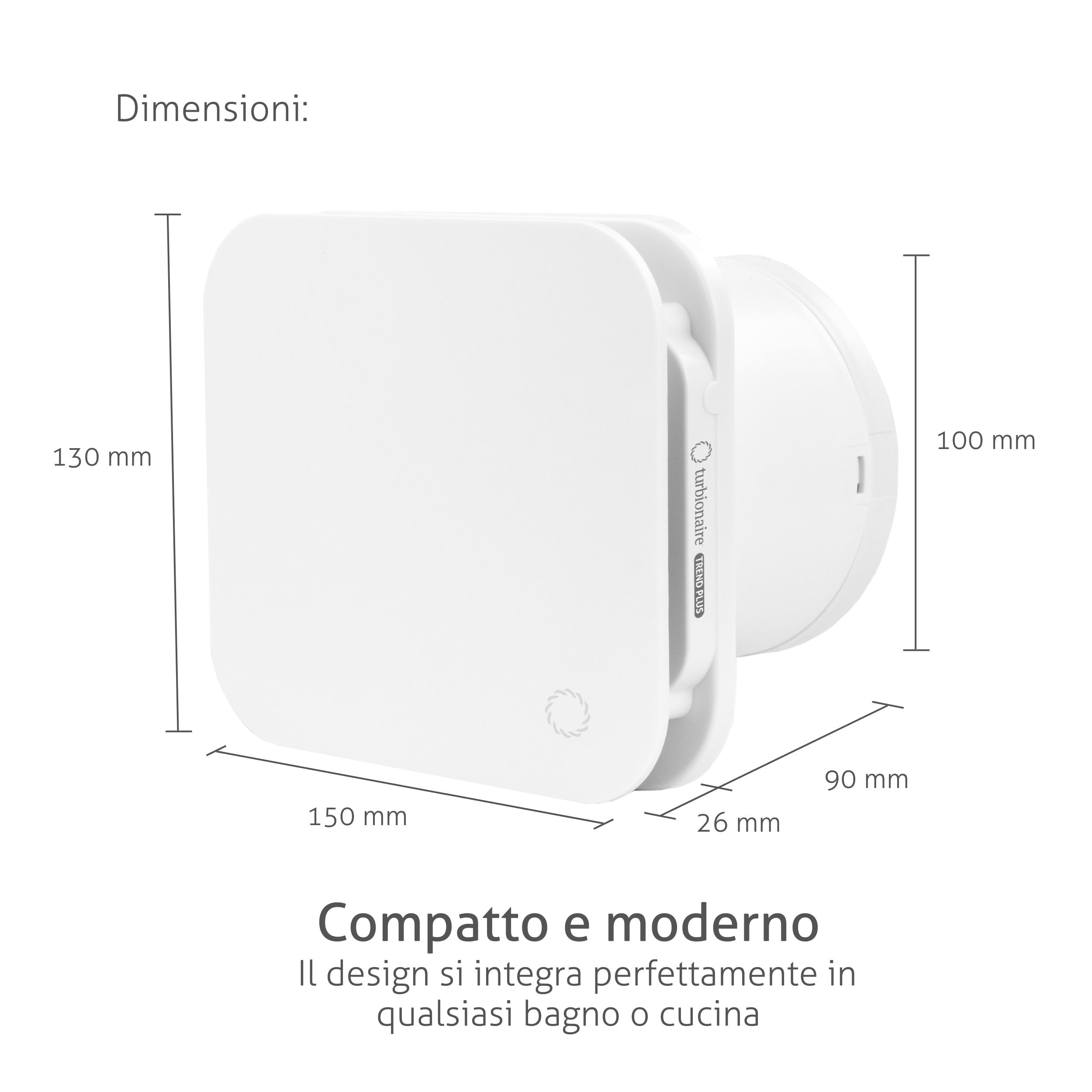 Turbionaire Trend Plus 100 WM Ventilatore, Estrattore per Bagno,100mm, Telecomando, Multifunzione, 22dB, Max. 5.7W, 7 Velocità + Boost, Valvola di Non Ritorno, Timer, Garanzia 3 Anni, Aspiratore
