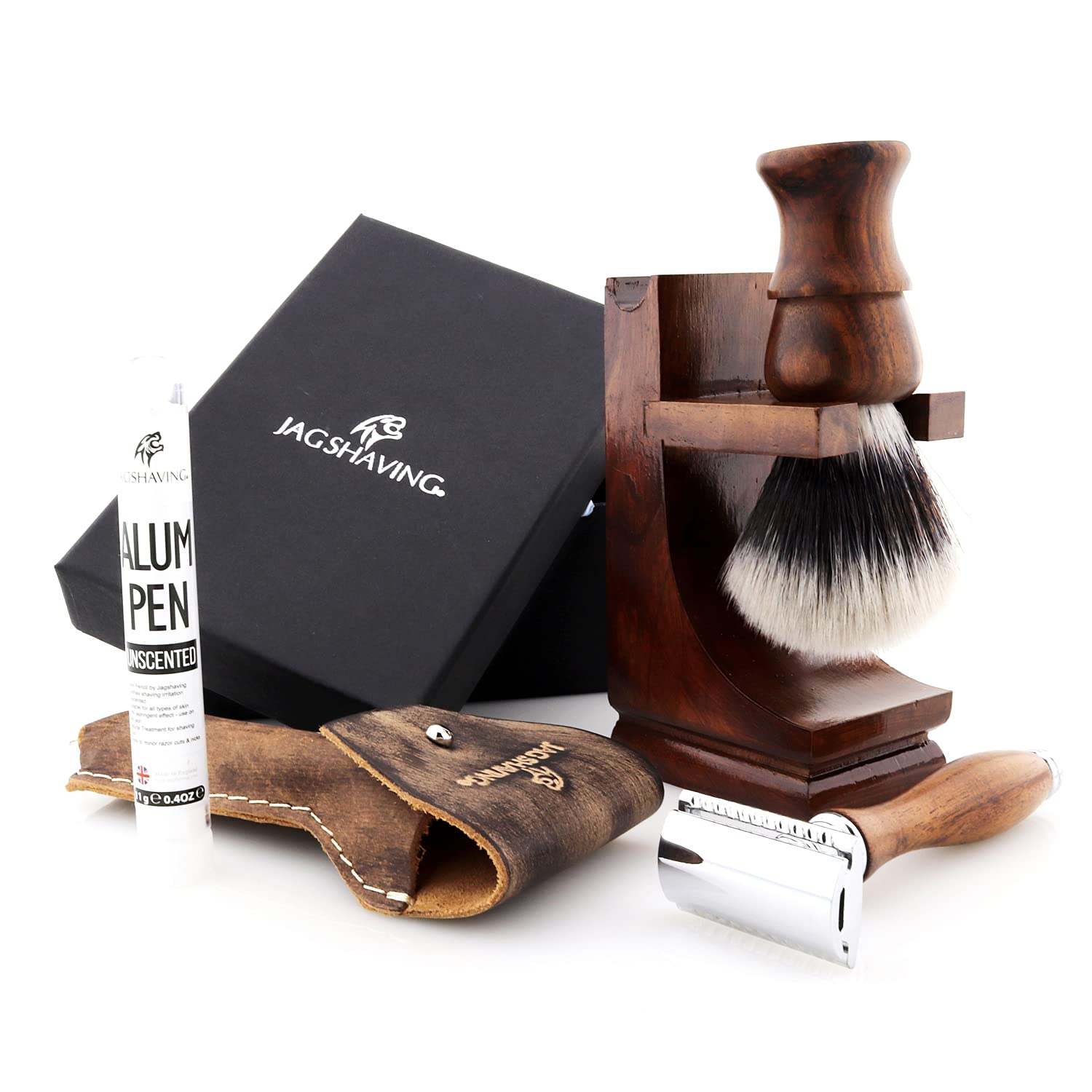 Jag Shaving zestaw do golenia – zrównoważony, 4-częściowy zestaw do golenia z drewna – syntetyczny pędzel do golenia ze srebrnymi końcówkami – podwójna krawędź ostrza do golenia – stojak do golenia – skórzana torba na maszynki do golenia