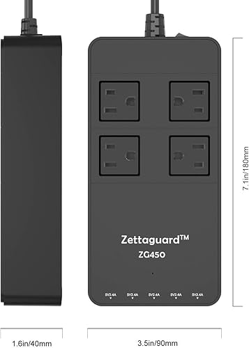 Miniatura 4 de ZG250 Zapatilla pequeña, con dos salidas, para viajes, protector de sobrecarga, con puerto de carga USB, y cable de 5 pies, color negro. Negro