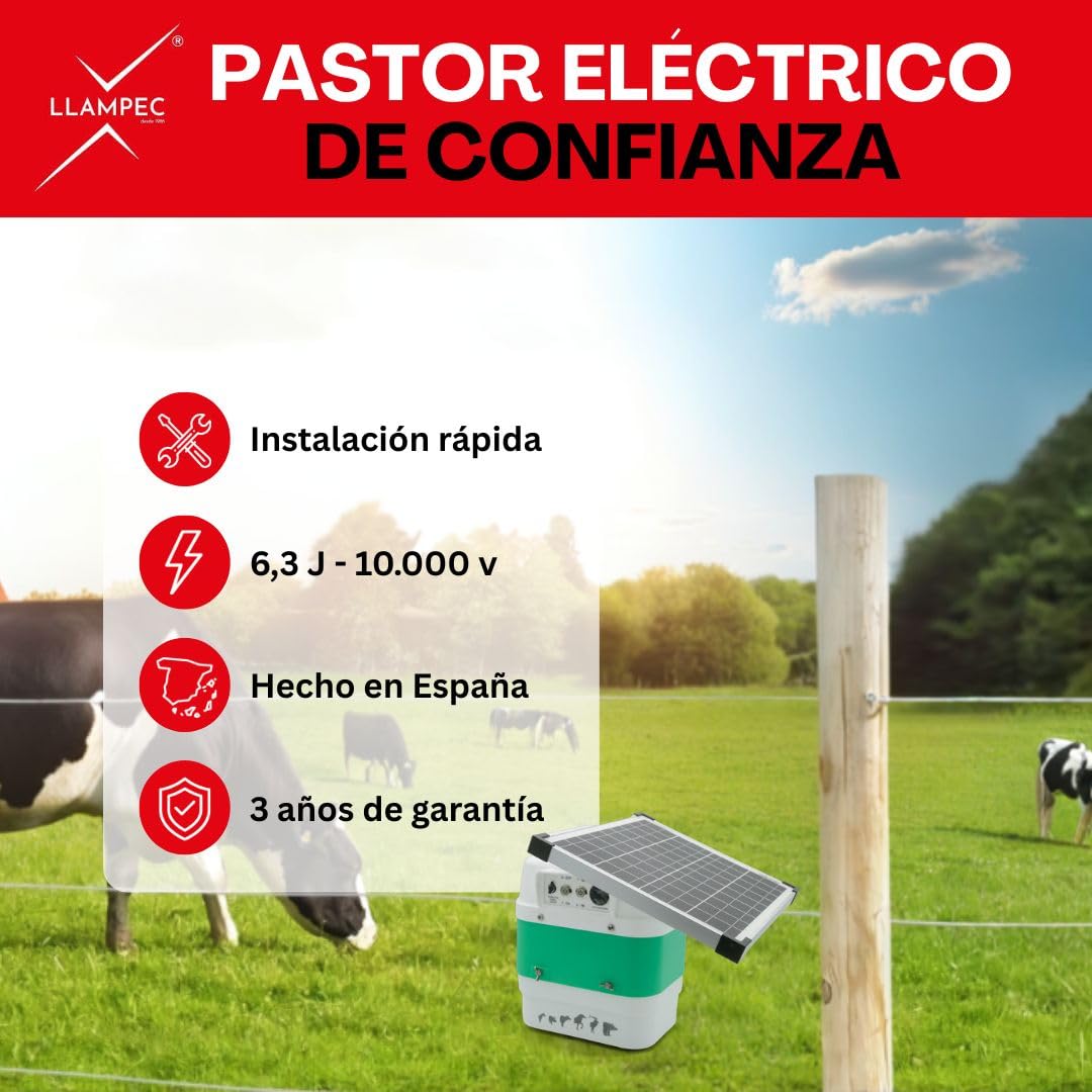 Pastor eléctrico solar Llampec Mod. B12S con panel 12V 20W incluido – 6,3 J, 10.000 V y 75 km de alcance – Ideal para ganado equino, vacuno, porcino, ovino y animales salvajes – Batería no incluída