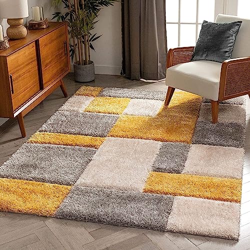 Image of Rectangular 3D Shaggy Carpet Soft Fluffy Fur Rug for Living Room and Bedroom (3x5 ft, Mustard Yellow, Silver, Ivory)