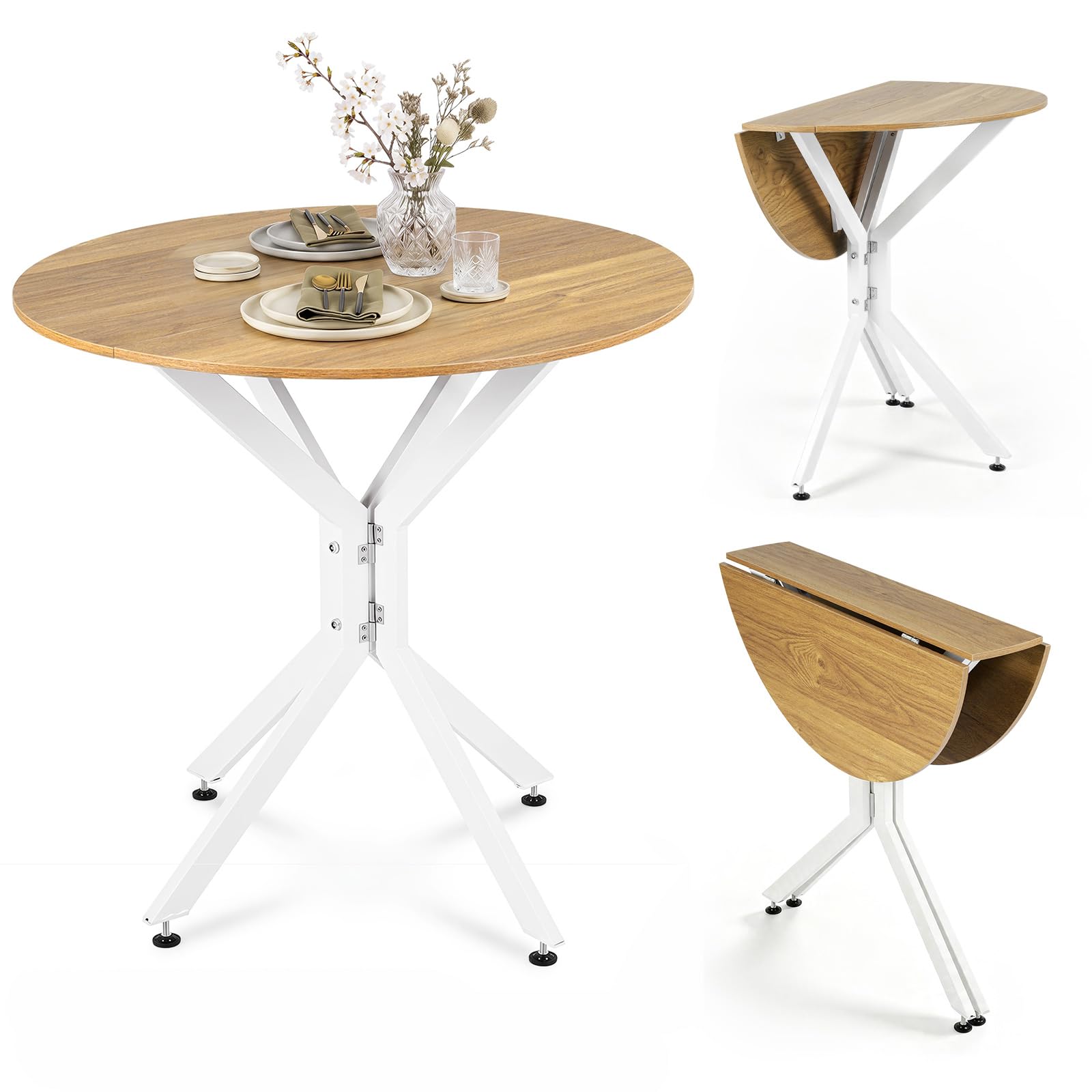 TANGZON 80 cm Drop Leaf Dining Table, Round Folding Kitchen Table for 2-4 (Natural)