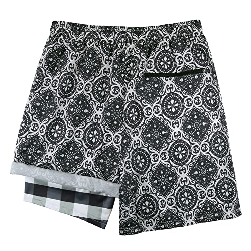 Men's Swim Trunks Quick Dry Swimwear Printed Beach Shorts with Compression Liner Zipper Pocket2