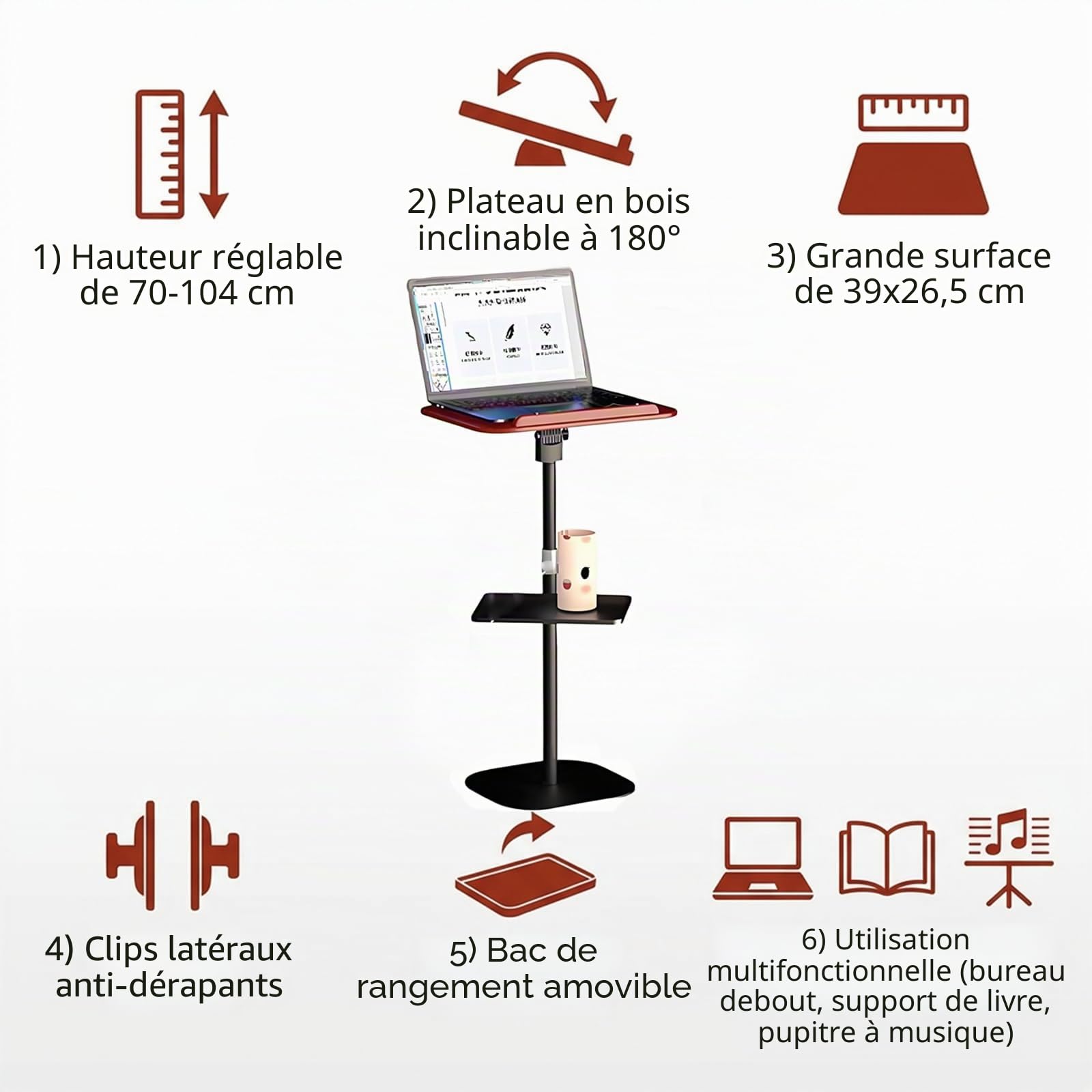 Support livre et ordinateur réglable, pupitre lecture bureau debout