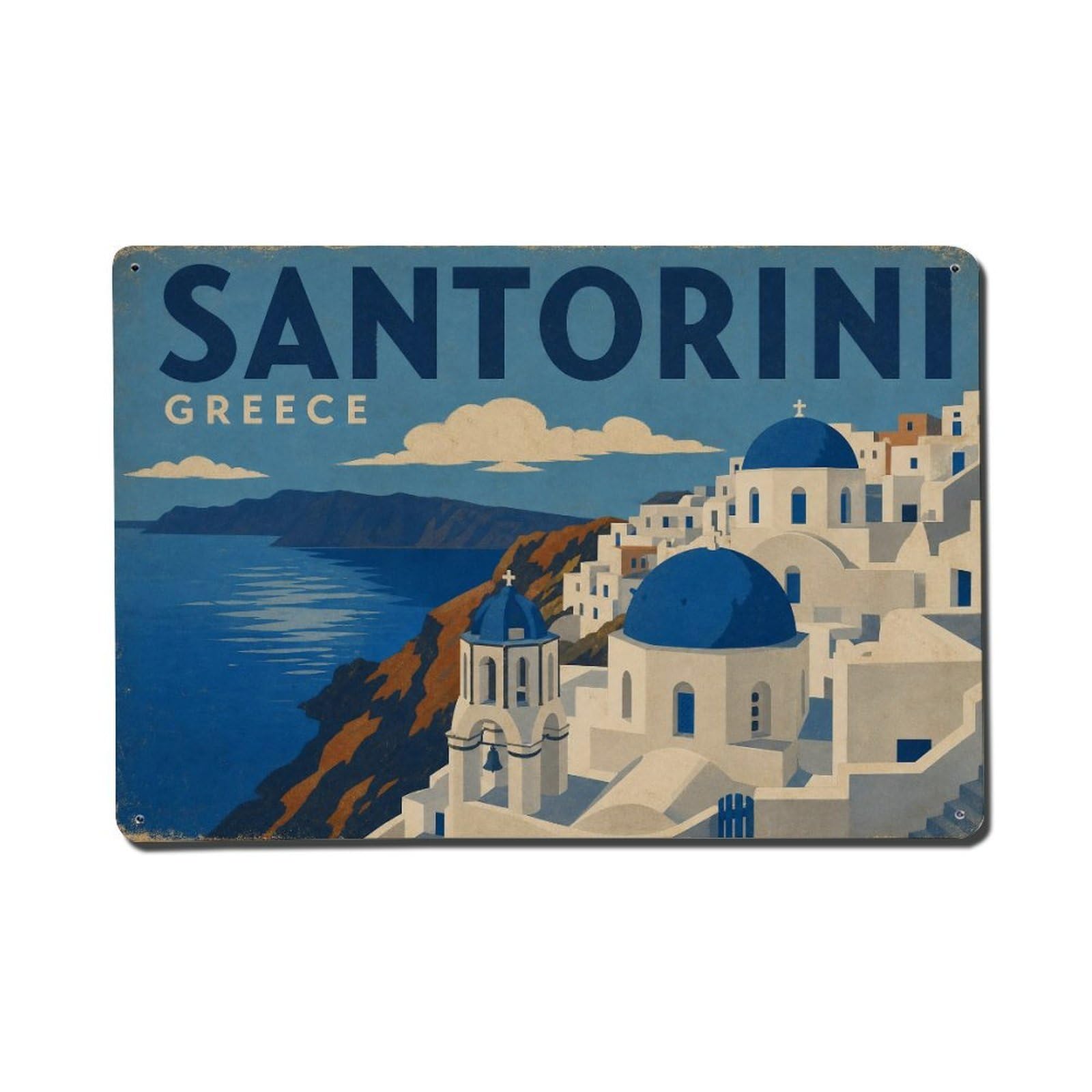 Retro Travel Greece Santorini Metal Tin Sign Plaque Wall Decor for Cafe, Club Bar, Office, Garden Metal Poster 8x12Inch