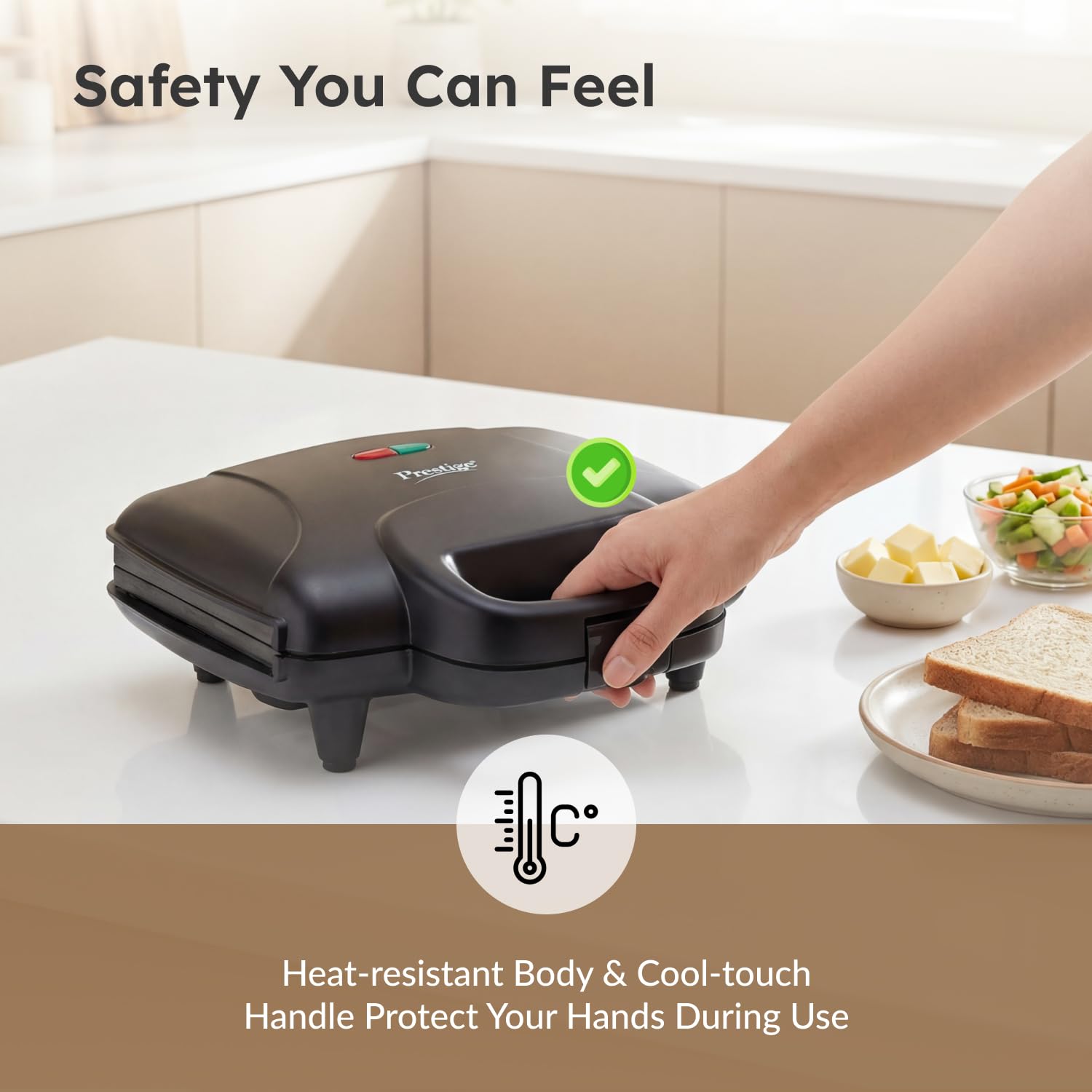 Prestige 800W Sandwich Maker (PSMFD 01)| Black | Heat Resistant Bakelite Body|Non-Stick Coating | Power Indicators | Oil Free Toasting 3