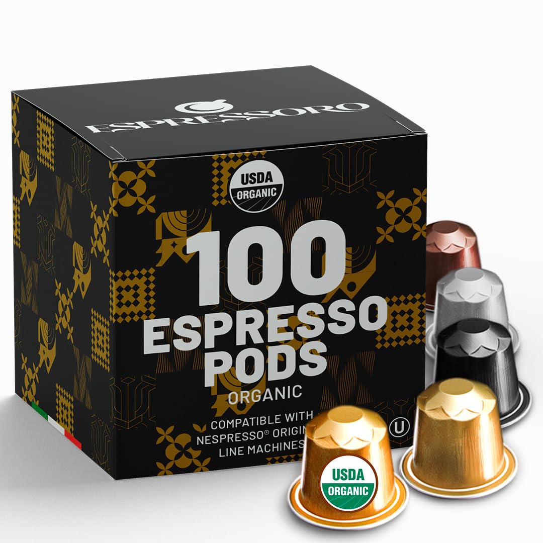 100 Organic Espresso Capsules - Variety Pack USDA Certified Premium Aluminum pods compatible with Nespresso Original line machines. Made in Italy.
