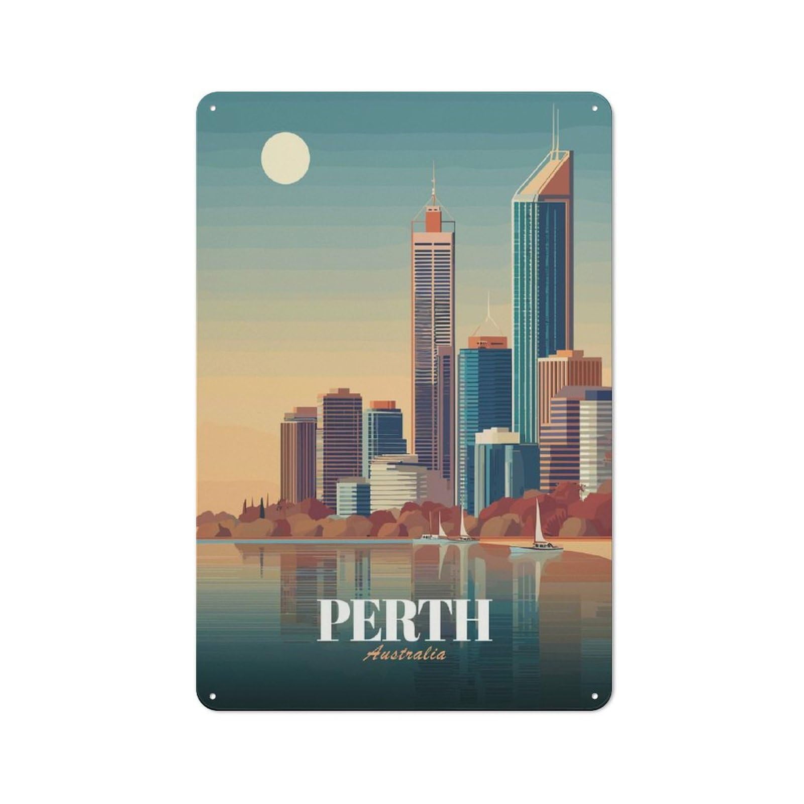 Perth Australia Skyline Workshop Style Metal Wall Decor 30x20cm, Garage Metal Sign for Workshop, Basement, Shed Or Games Room