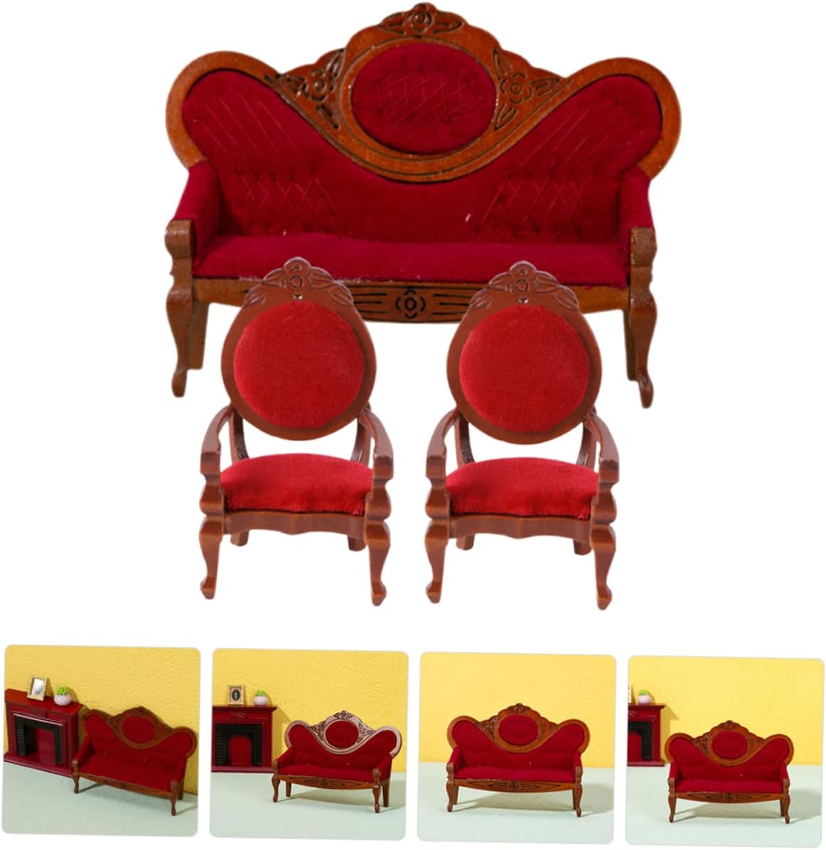 Sosoport 2sets Mini Dollhouse Furniture Delicate Vintage Couch Chairs for Dollhouse Living Safe Design for Imaginative Play and Decoration 3pcs*2