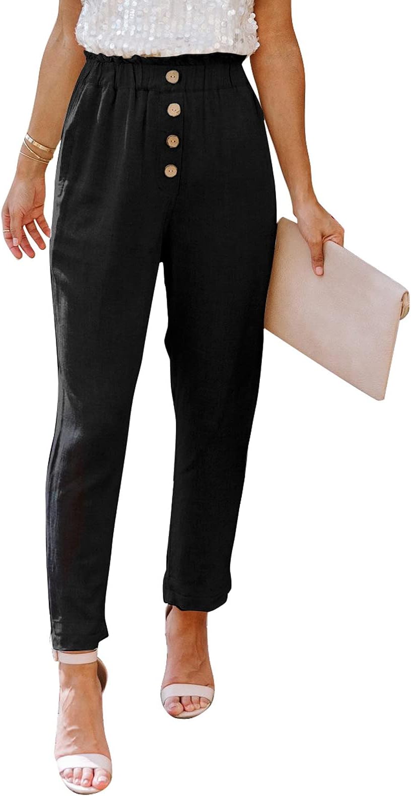 Dokotoo Womens 2021 Summer Comfy Casual Loose Lightweight Button Ruffle Elastic Waist Linen Jogging Jogger Pants Sweatpants for Women with Pockets Black L