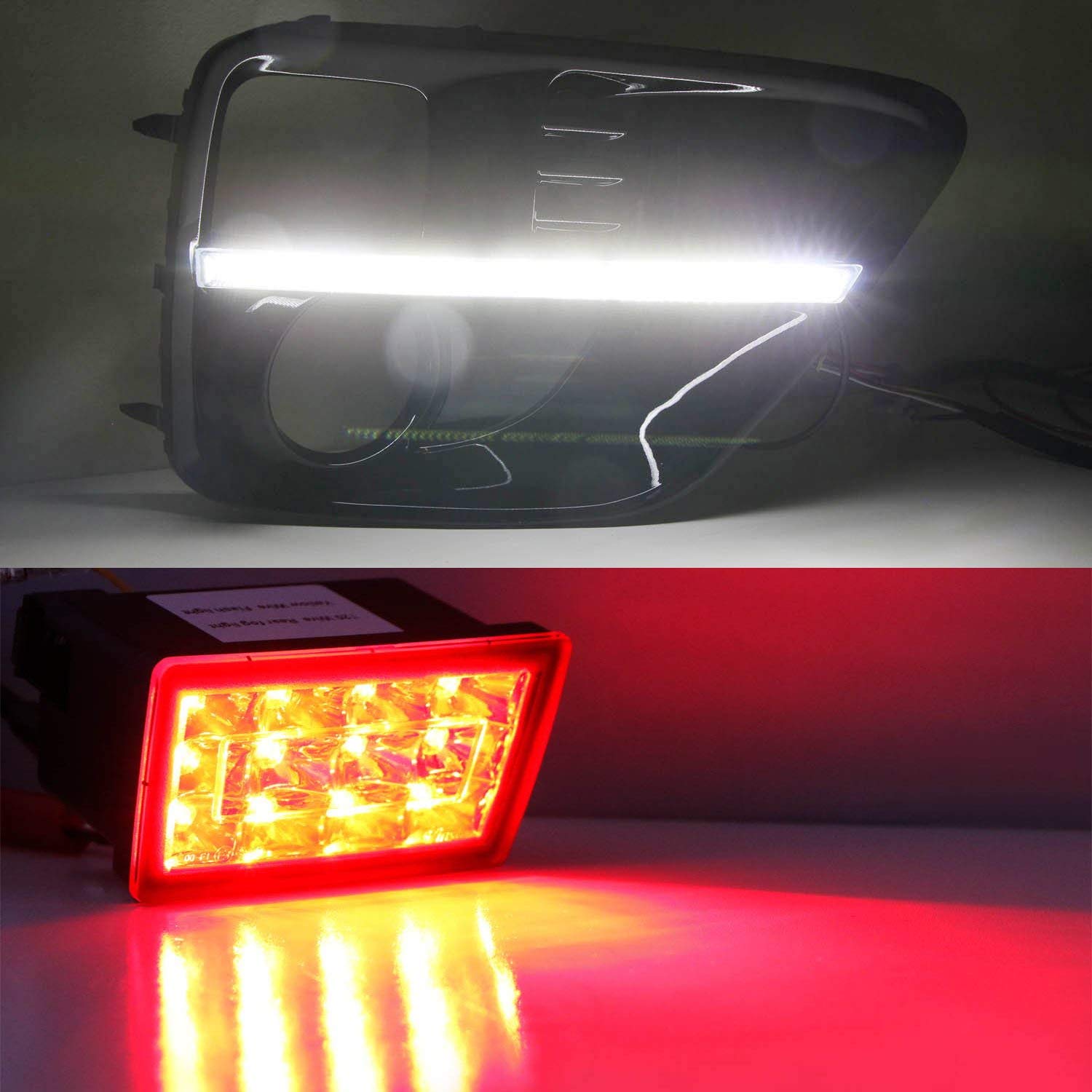 iJDMTOY JDM S4 LED DRL Fog Light Bezels Plus Red Lens F1 Style LED Rear Foglight Combo Kit Compatible With 2015-2017 Subaru WRX or WRX STI