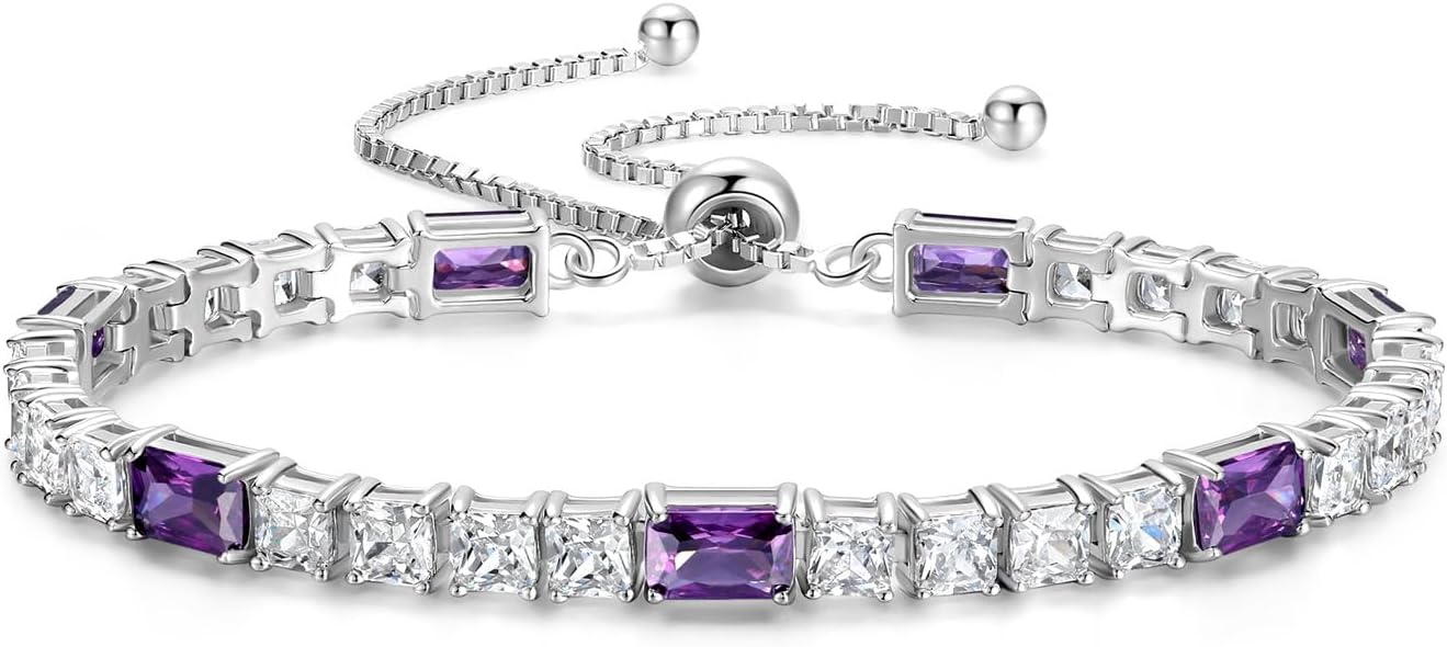 FANCIME Birthstone Bracelet for Women, Sterling Silver 4x6mm Gemstone Tennis Bracelet Bolo Adjustable Chain Fine Jewelry Birthday Gifts for Women Mom Wife Her