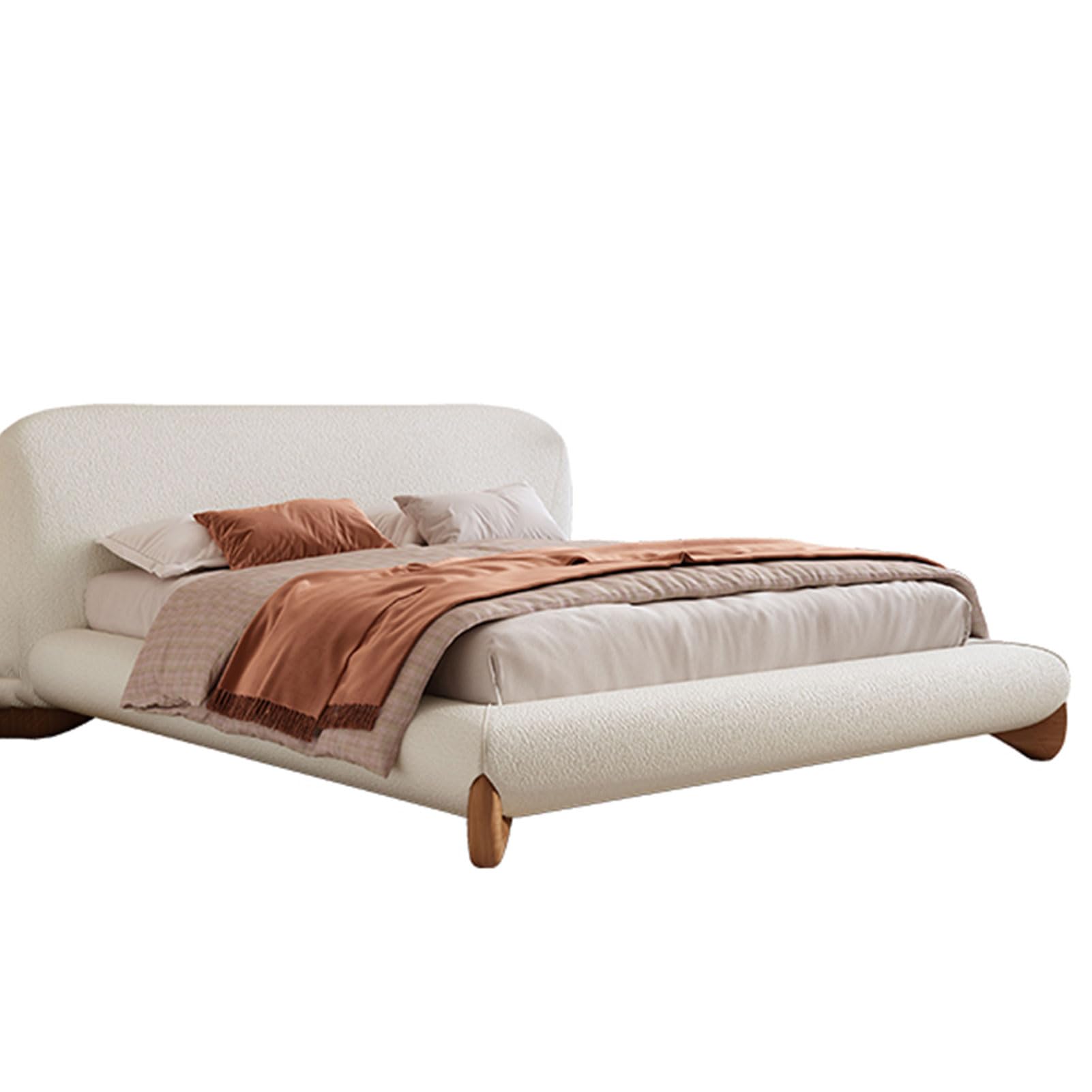 Modern Wooden Velvet Queen Bed Frame King Size with Heavy Duty Wooden Slat Support Noise-Free White
