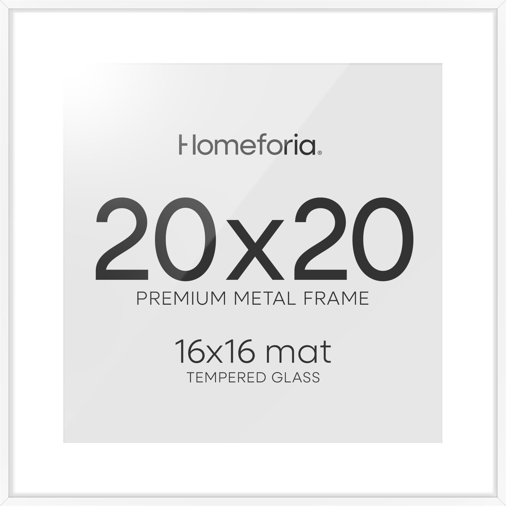 Homeforia 20x20 Picture Frame White, High End Metal 20x20 Square Poster Frame Matted to 16x16 Print, 20 x 20 White Frames with Mat 16 x 16 Photo, 20by20 Thin Frames, Tempered Glass, Wall Kit, Set of 1