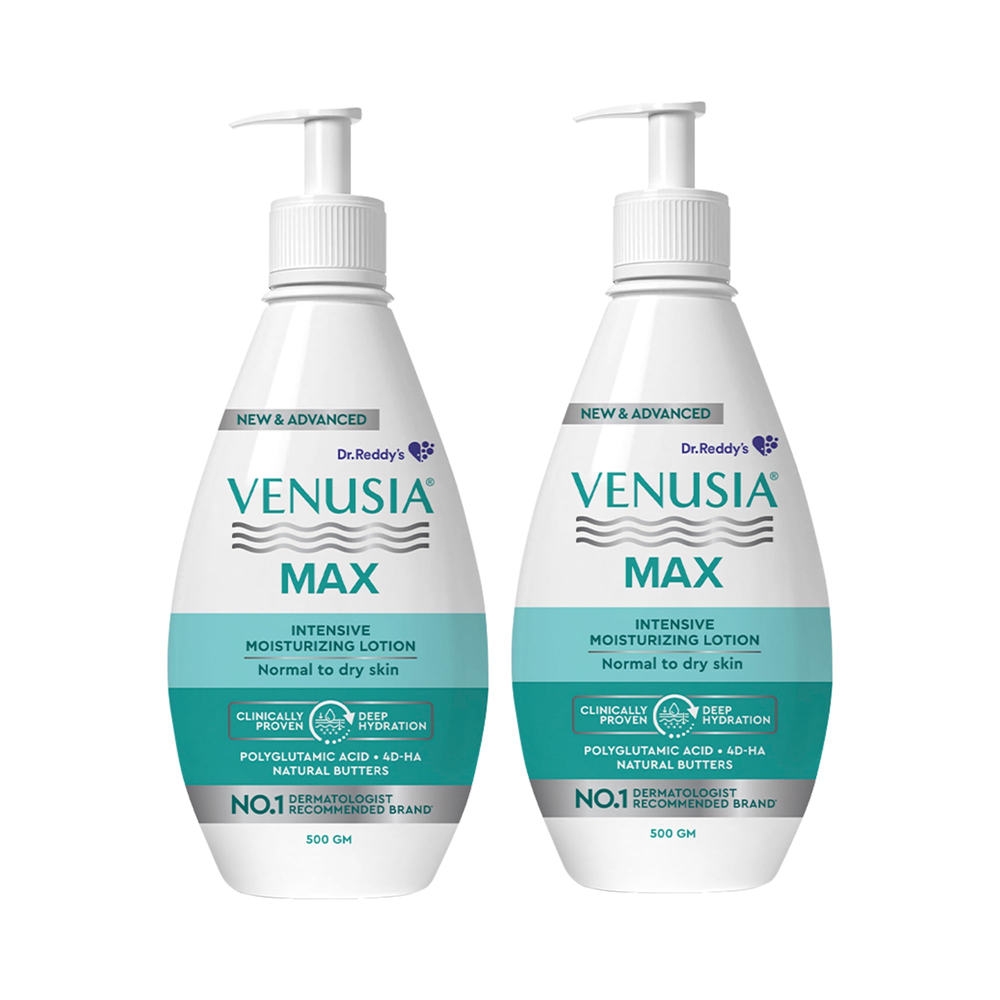 Dr. Reddy's Venusia Max Intensive Moisturizing Lotion | Dermatologist Recommended | Clinically Proven, Long-Lasting Moisturization | For Normal to Very Dry Skin | Cocoa Butter, Shea Butter, Mango Butter and Aloe Butter | 500 g (Pack of 2).