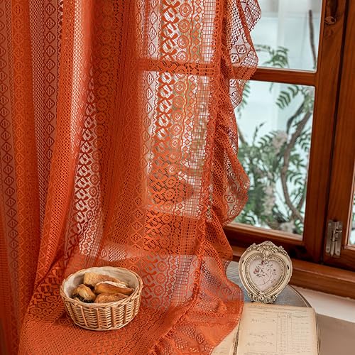 Sutuo Home Terracotta Ruffle Boho Lace Curtains 84 Inches Long for Living Room&Bedroom Burnt Orange Sheer Window Curtains Crochet Privacy Farmhouse Vintage Chic Halloween Rod Pocket 2 Panels 50 W