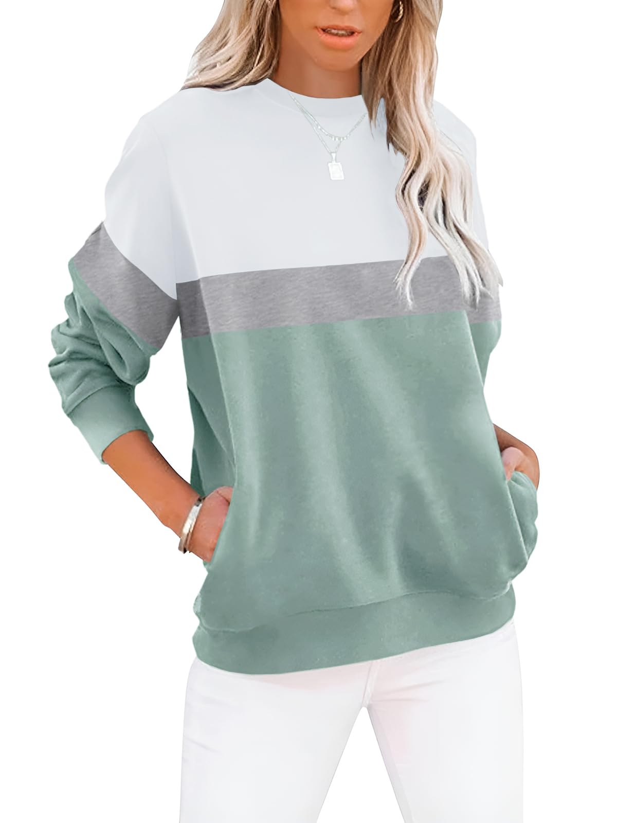 Eniloyal Sweatshirt Damen Pullover Langarmshirt ohne Kapuze Pulli Rundhals Baumwolle Sweater Oberteile mit Taschen Lässige