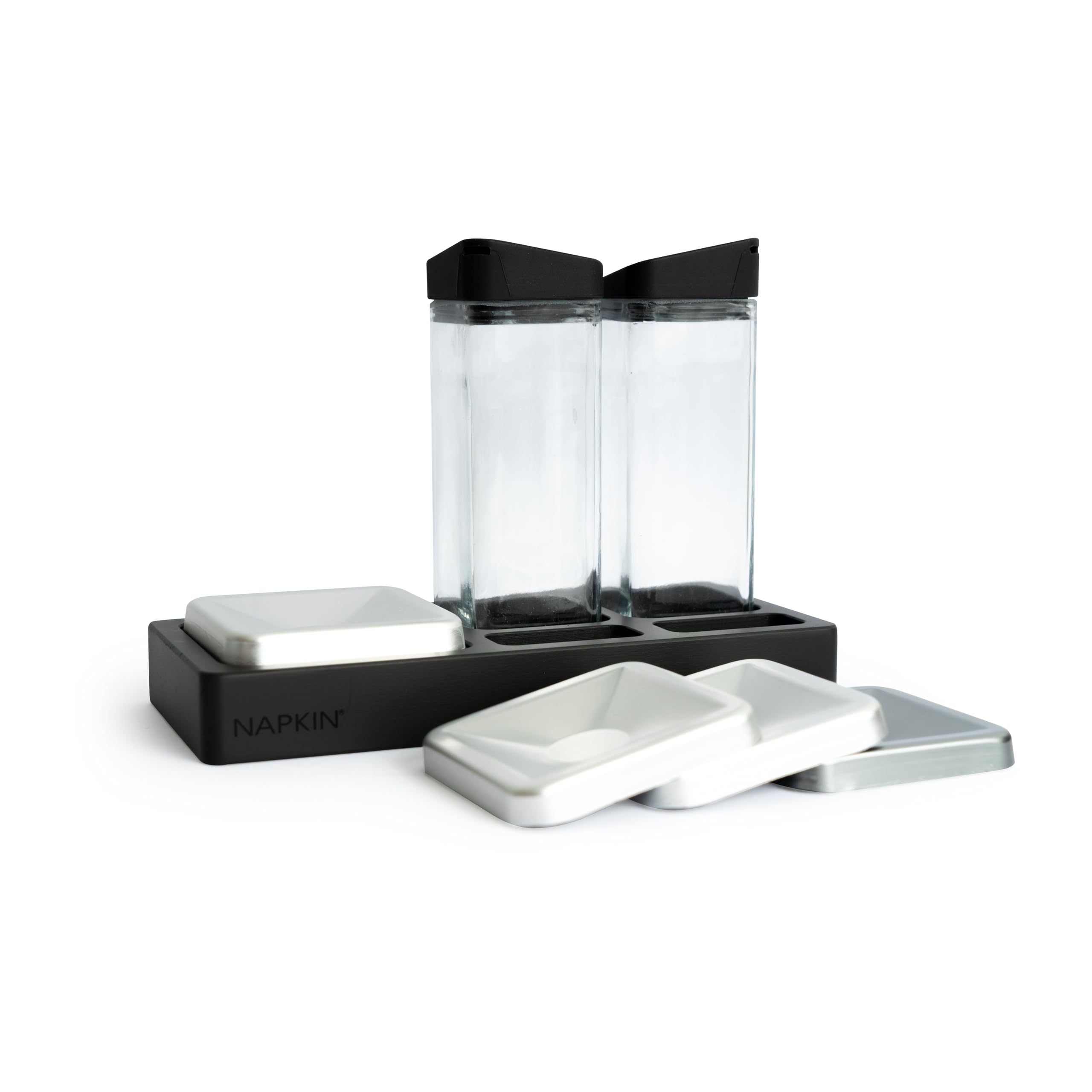 Napkin CREHO Set da tavola Professionale - Set da tavola in Legno AntiGraffio, Composto da Due ampolle in Vetro e Quattro vaschette in Alluminio, per prendersi Cura degli Ospiti.