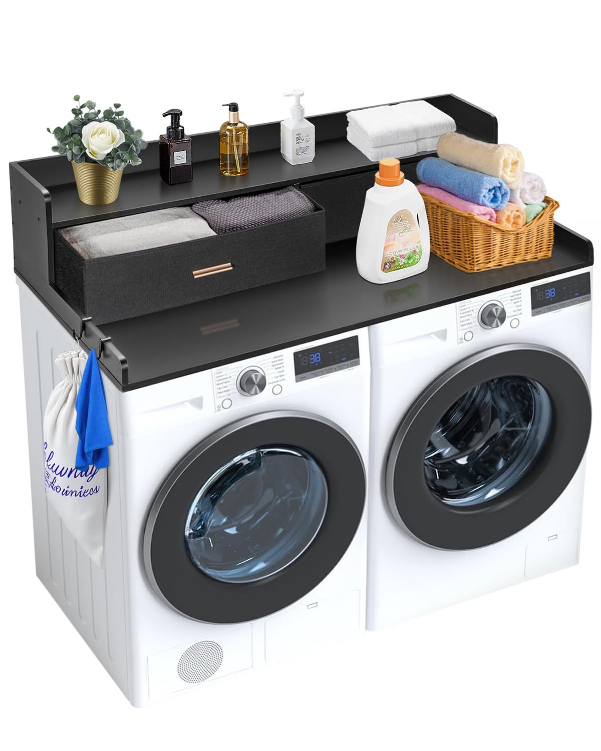 VEVOR 2 Drawers Washer Dryer Countertop with Shelf, 54" x 27" Wooden Laundry Countertop with 2 Hooks & Non-Slip Pads, Washer and Dryer Covers for The Top, Laundry Room Organization and Storage, Black