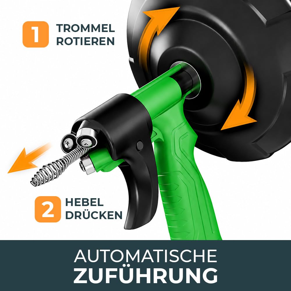 MEISTERFKTUR Rohrreinigungsspirale [7,5M] - Automatische Zuführung - Ideale Abflussspirale für eine umweltfreundliche Rohrreinigung - Stabile Rohrspirale für echte Heimwerker! (7,5M - 0,64CM)