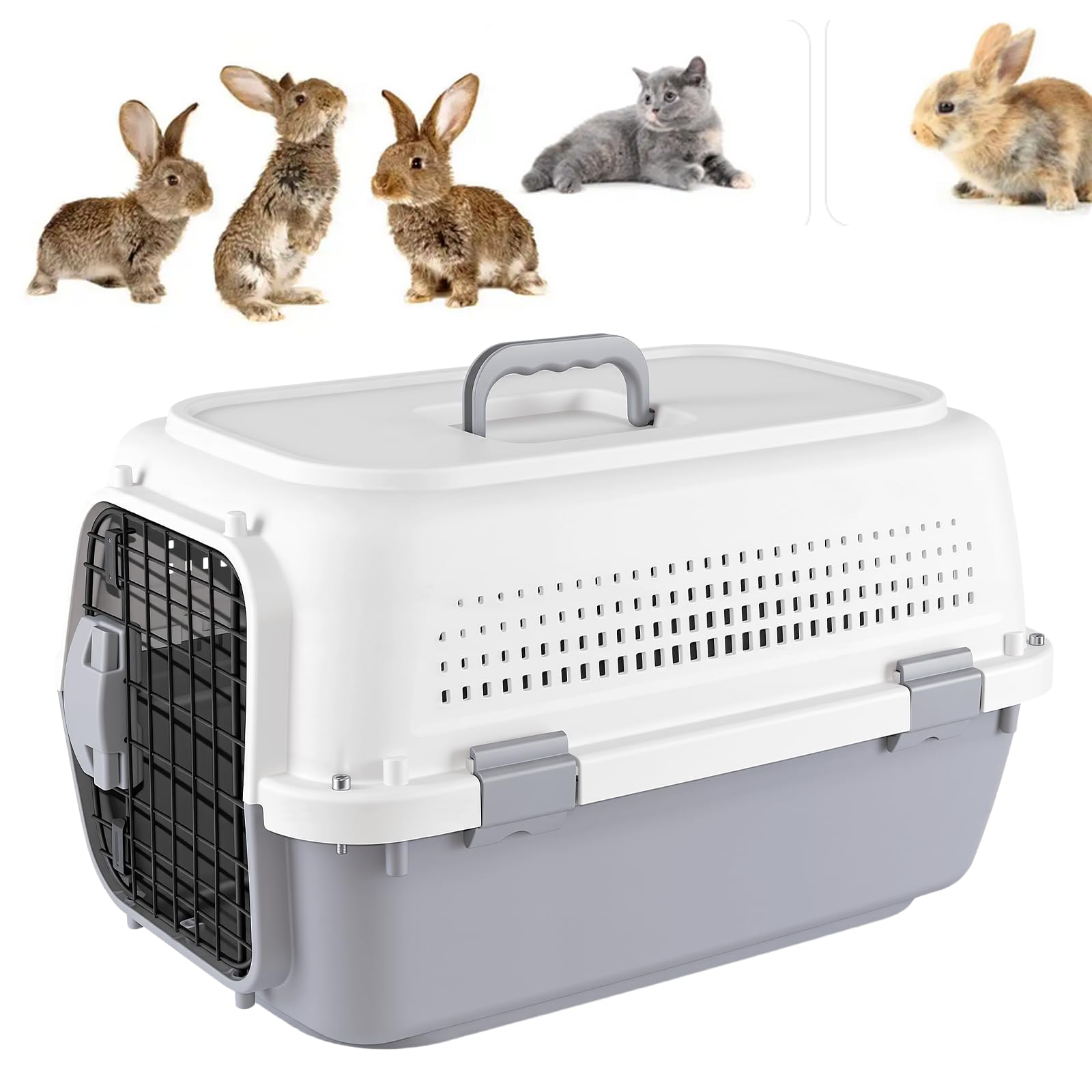 Large Grey ABS Plastic Cat Carrier Portable Cage Crate, Pet Dog Puppy Carriers Basket Bag Cage, Steel Door, Secure Lock, Max 20 KG, 54 L x 37 B x 33 H cm