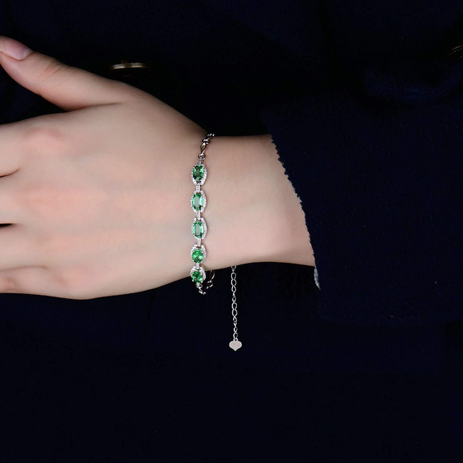 Pulseras de Mujer de Oro Blanco 9 Kilates / 14 Kilates / 18 Kilates, Oval con Esmeralda de 2,17 ct y Diamante de 0,24 ct, Cadena Extensible 16 CM + 5 CM, Pulsera Mujer Ajustable Plata Verde