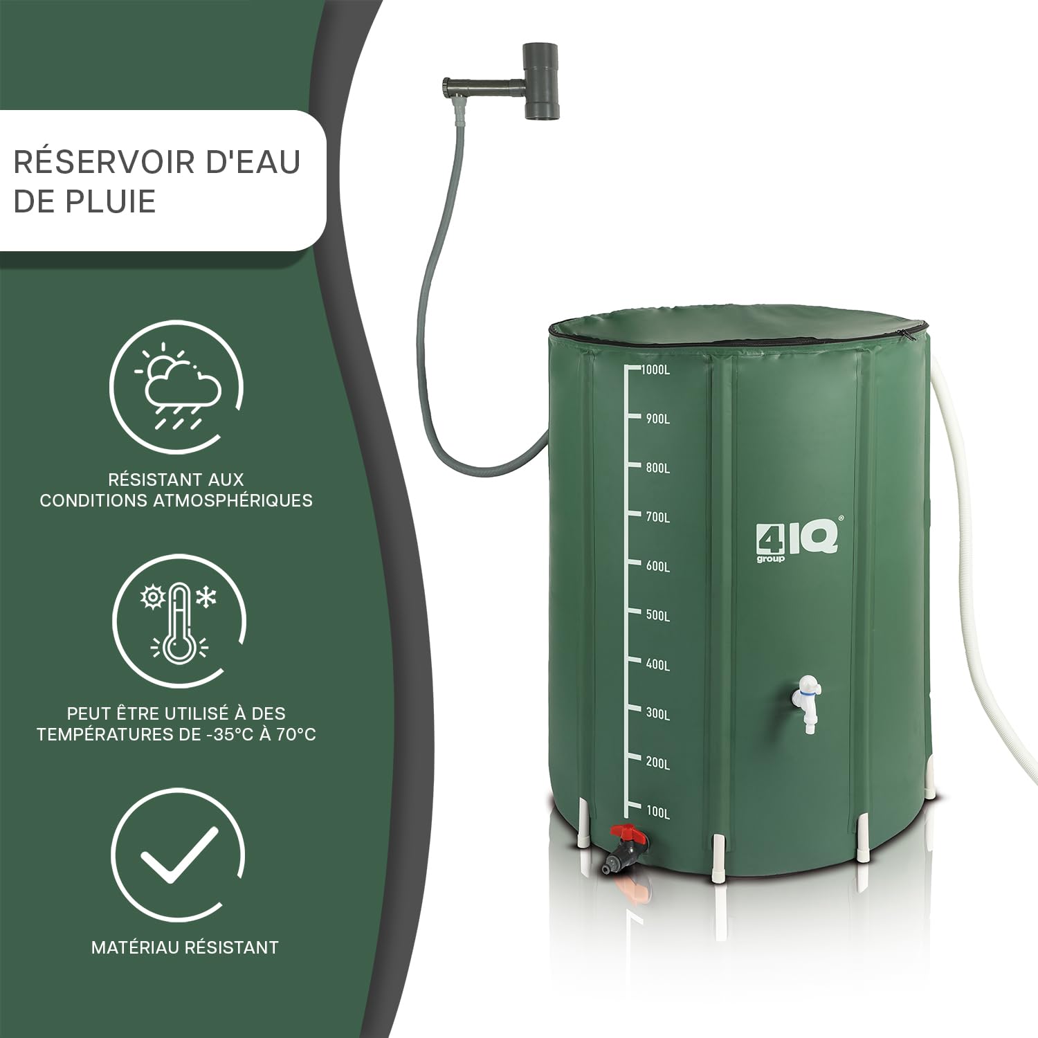 4IQ Réservoir Eau de Pluie 1000L – Récupérateur d’Eau Résistant aux Intempéries – Réservoir de Jardin avec Système Complet de Prélèvement
