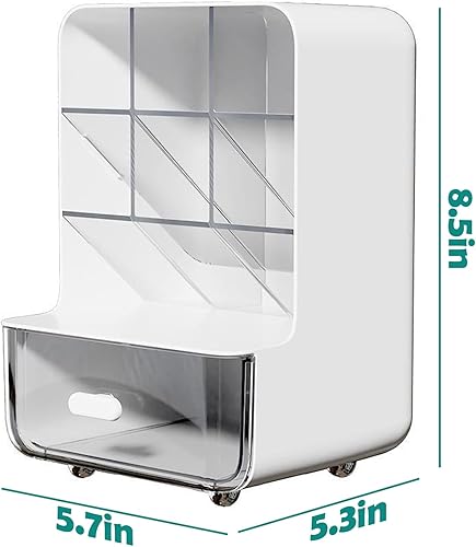 Miniatura 6 de Organizador de bolígrafos para escritorio, organizador de escritorio con cajón, soporte multifuncional para lápices con 6 compartimentos y 1 cajón,