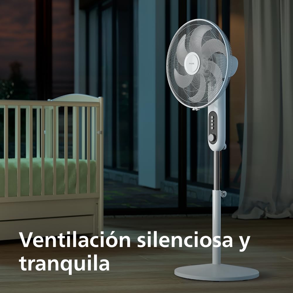 PHILIPS Ventilador de Pedestal Serie 1000 - Potente y Silencioso, 38 dB, Altura Ajustable, Inclinable y Giratorio, Temporizador, Blanco (CX1220/00)