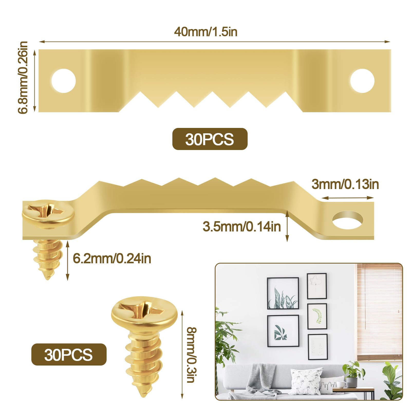Ganci Per Foto Con Dente Di Sega - Set Da 30, In Acciaio, Per Appendere Quadri E Cornici Senza Danni Al Muro - Foto 6