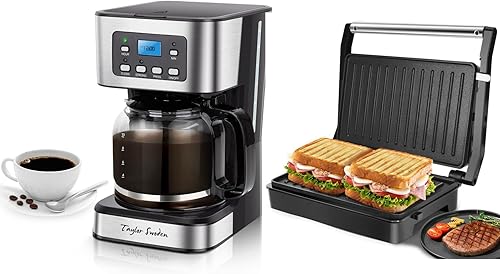 Taylor Swoden Cafetera programable de 12 tazas, cafetera de goteo y sandwichera de prensa Panini, parrilla de prensa sándwich Aigostar de 1000 W